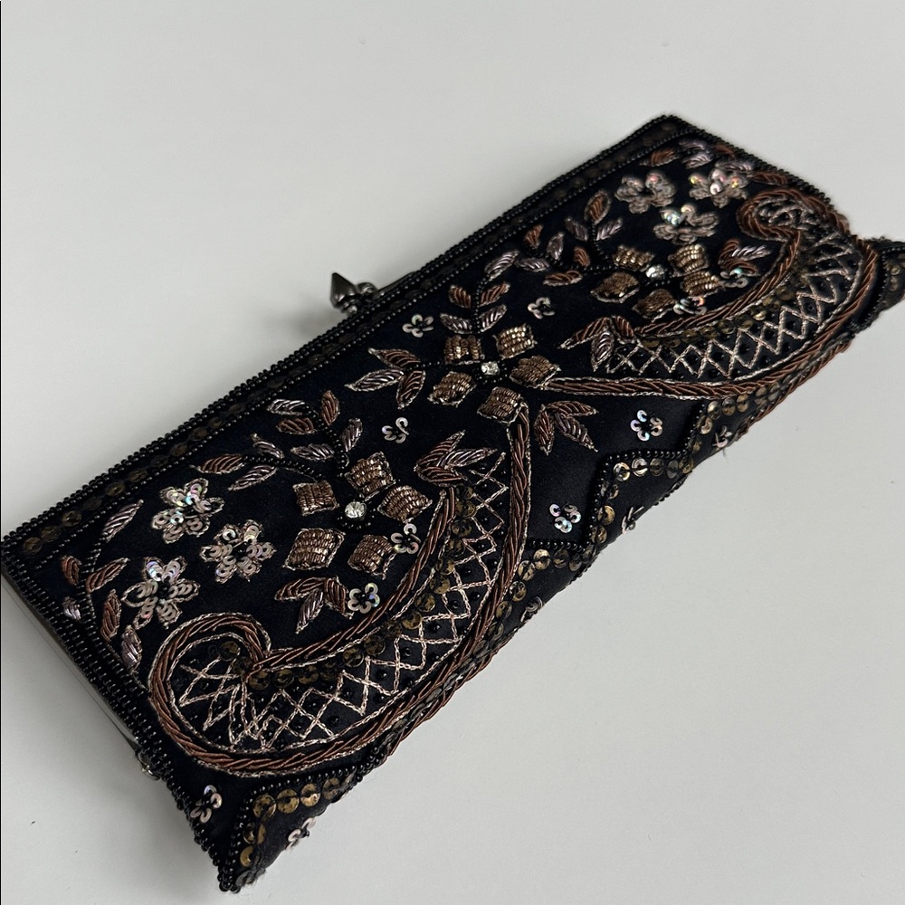 Moyna Embroidered Black Clutch 8.5”x 3.5 x 1” - Picture 2 of 7
